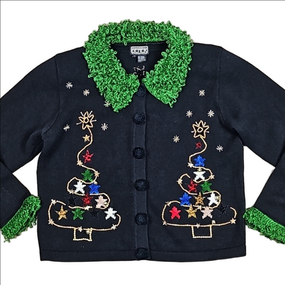 Vintage Sweaters - Vintage Berek Black Button Front Beaded Christmas Tree Cardigan Sweater